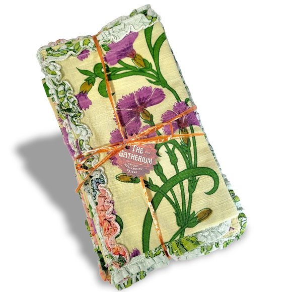 Dining Cloth Napkins Set (4) Floral Iris and Leaves Thick Ruffle Edge Unique - Picture 4 of 8